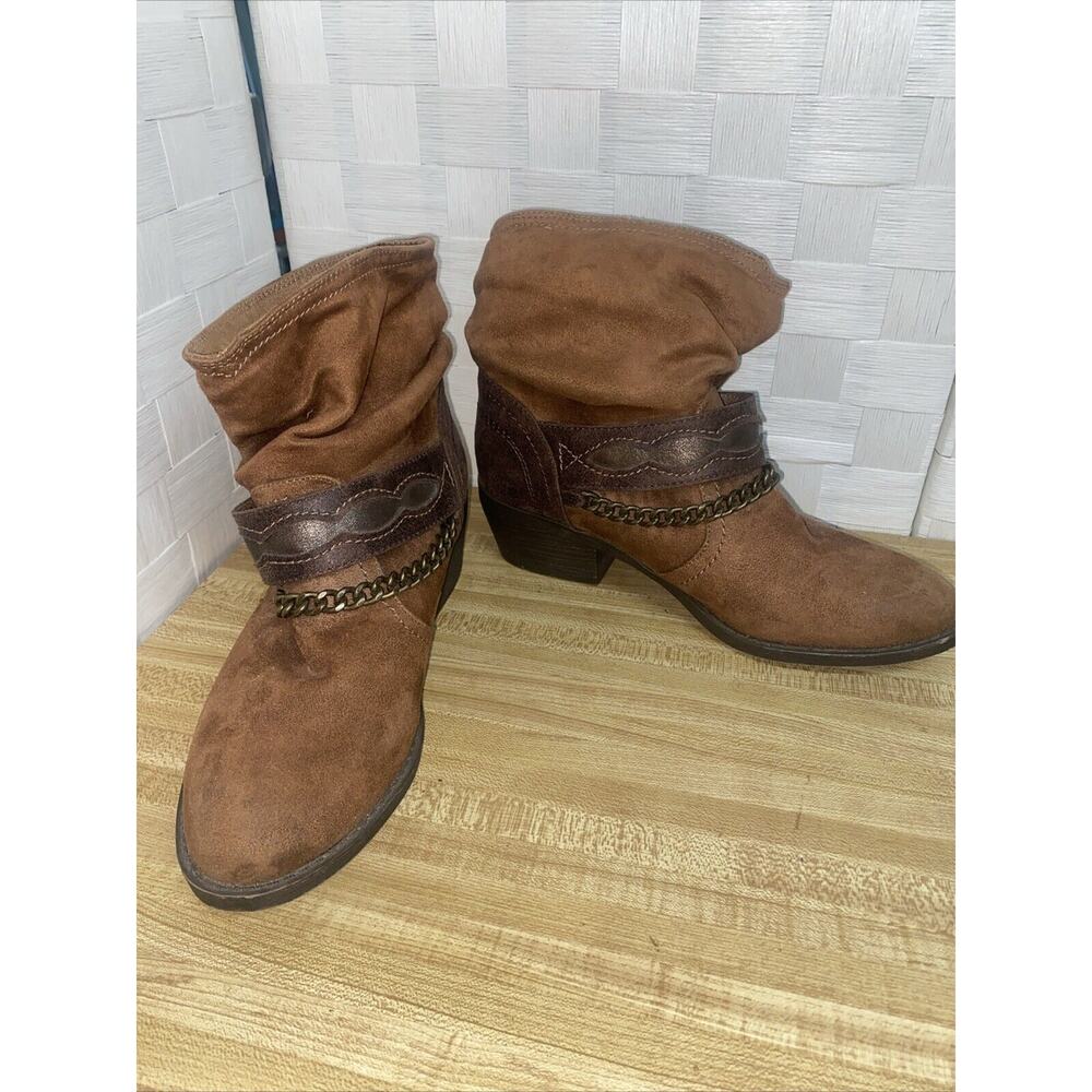Bongo Brown Faux Suede Brass Hardware Ankle Western Baja Boots Size 9